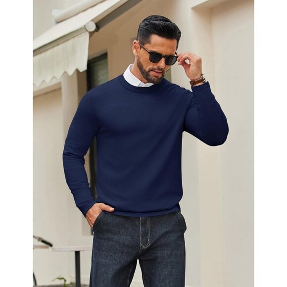 Coofandy Men Navy Blue Crew Neck Pullover Long Sleeve Lightweight Dress Sweater - Picture 2 of 6